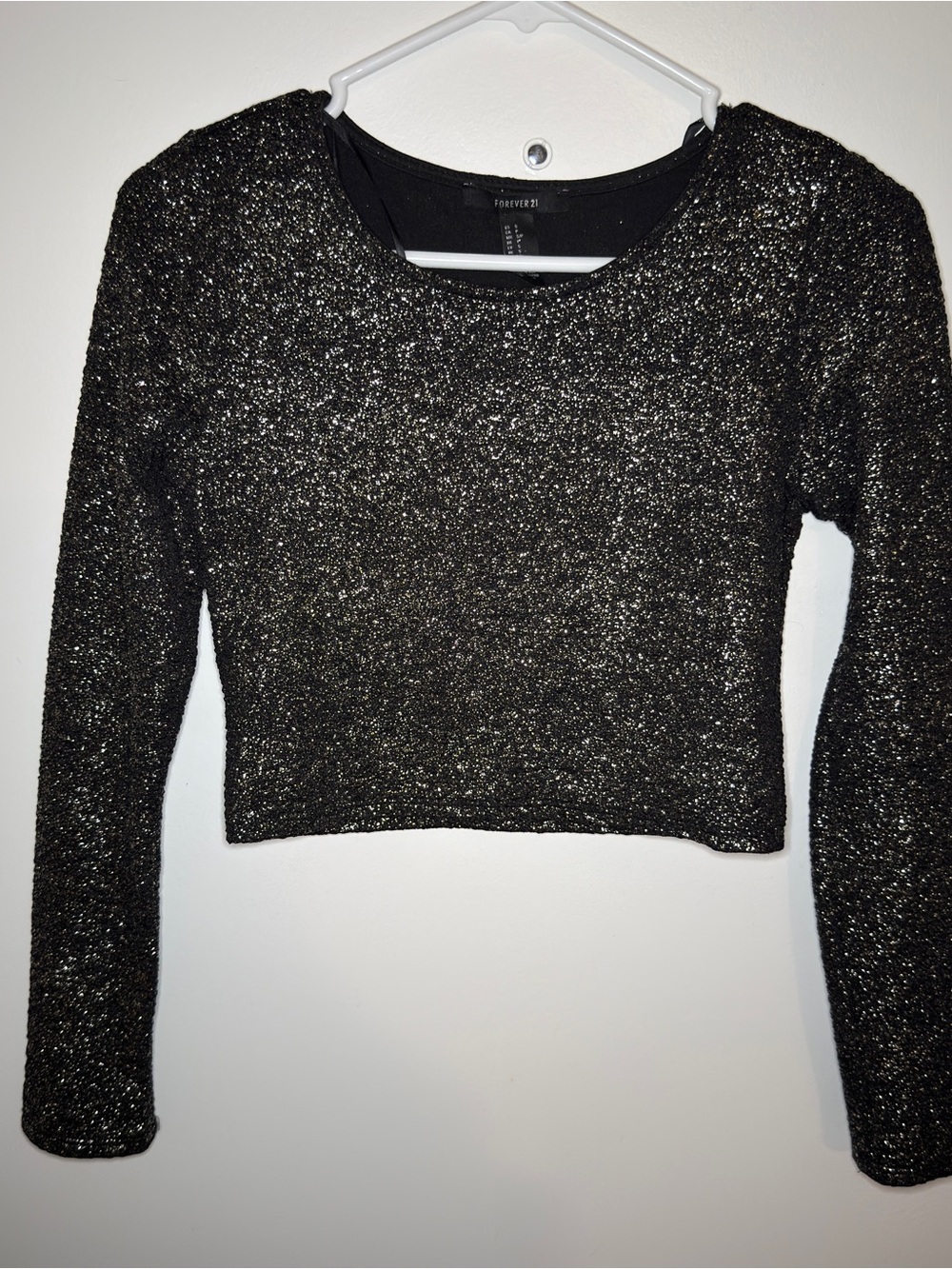 Forever 21 Black Glitter Long-Sleeve Cropped Top